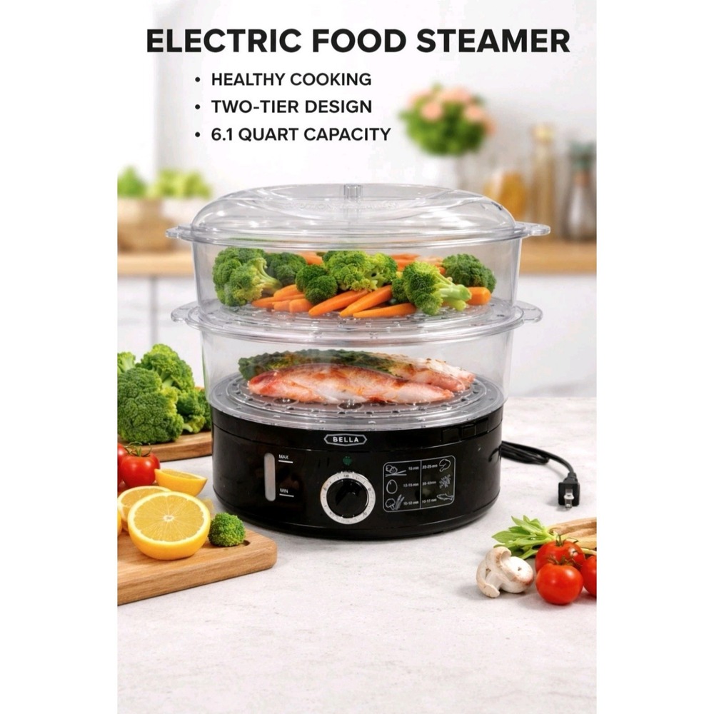 Bella XJ-10102 Electric Food Steamer 2-Tier Black Plastic Removable Bowls - Picture 2 of 3